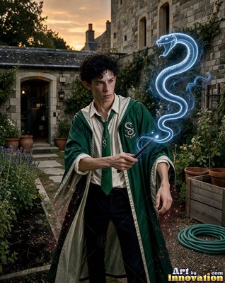 Young man in a green robe conjuring a blue snake from his wand