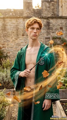 Wearing an open green robe in a stone garden, a young man swirls dry leaves with a wand