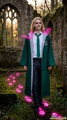 A young blond man clothed in a green robe walks outside near bright pink footprints