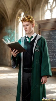 Standing in a stone hall, a red-haired man wearing a green robe holds a book