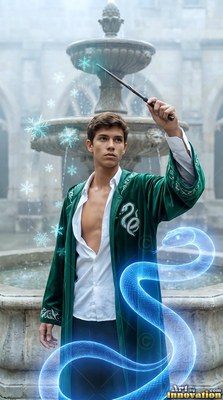 A young man wearing an unbuttoned deep green robe raises a wand by a fountain with a blue snake