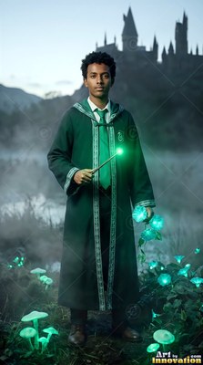 Outside a castle, a young man in dark green robes holds a bright wand