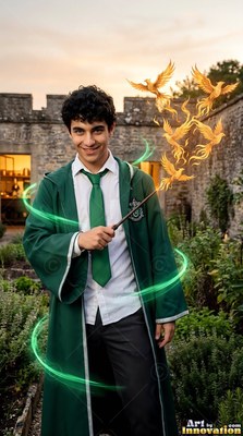 Holding a wand, a smiling young man in green wizard robes casts fiery birds in a courtyard