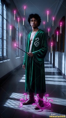 A man dressed in a green velvet robe holds a wand near pink floating candles
