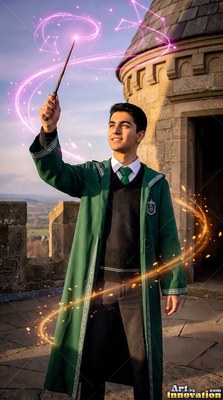 Dressed in a green wizard robe, a smiling man raises a wand on a castle tower