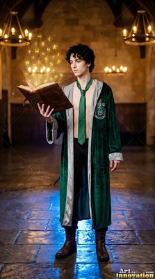 A young man wearing an unbuttoned long green robe reads a book with yellow letters over a blue-lit floor
