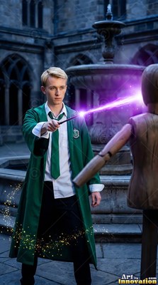 Standing in a courtyard, a blond young man points a wand at a wooden dummy