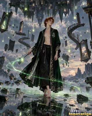 A barefoot young man in an open long green robe casts a spell with his wand