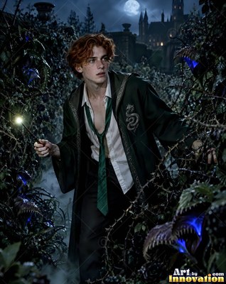 Creeping through dark thorny bushes at night, a red-haired man holds a lit wand