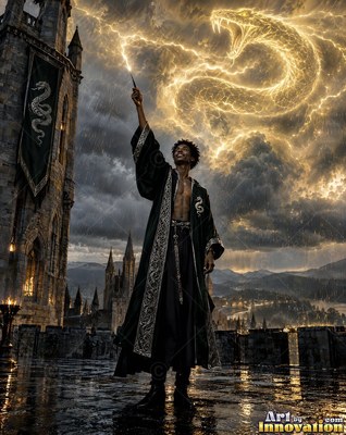 A man in dark robes points a wand into a yellow lightning snake
