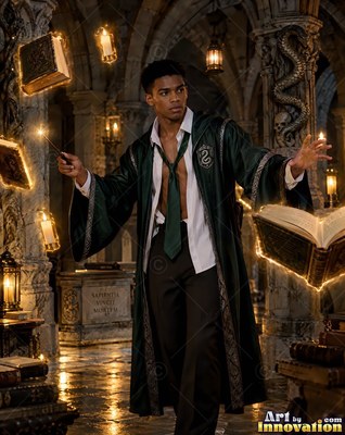 Wearing an unbuttoned green robe and tie, a young man raises a wand to levitate books in a stone hall