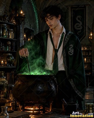 A young man in robes stirs a cauldron that fills the dark room with green light