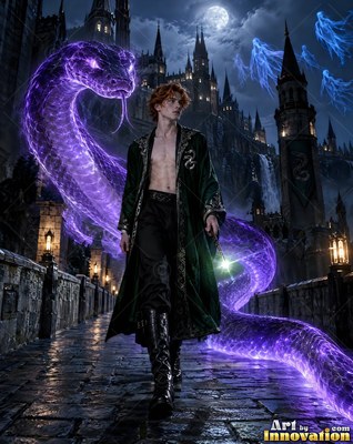 Walking on a stone bridge, a man dressed in a long green robe leads a purple serpent