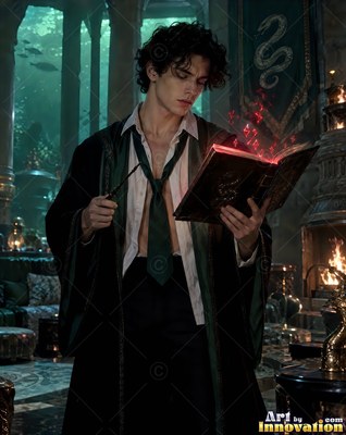 A dark-haired man holds a wand and an open spellbook shining with red light