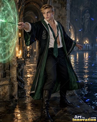 In a dark stone hall, a blond man in green robes points a wand with bright green light