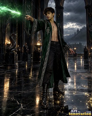 Casting green light from a wand, an open-robed young man stands on dark marble