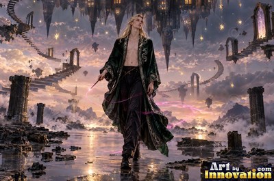 A blond man with a wand walks through ruins below floating castles