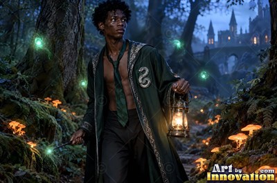 Wearing an open long green robe and tie, a young man carries a lantern through a dark forest near a castle