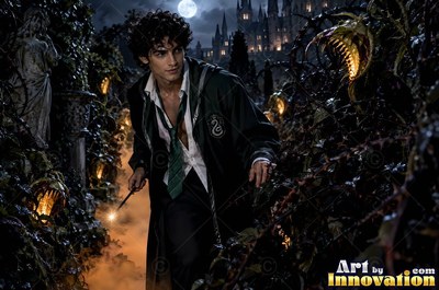 A young man in a dark green robe creeps through thorny vines under bright moonlight
