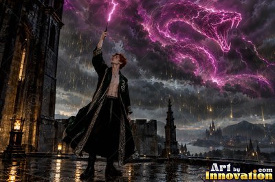 Standing on a castle roof, a man points a wand under a purple snake in the sky