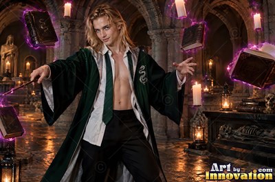 A blond man wearing an open deep green robe casts a spell on floating books in a dark stone room