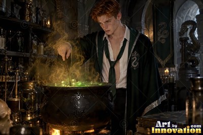 In a dark dungeon, a red-haired man stirs a black cauldron with green smoke
