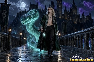 Walking across a stone bridge at night, a blond man leads a bright green snake