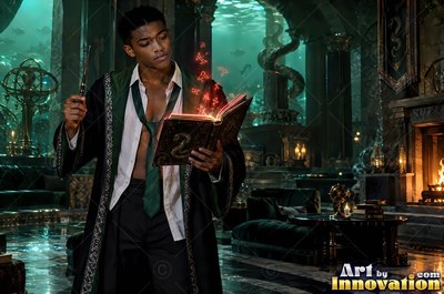 A young man in an open robe casts magic from a book