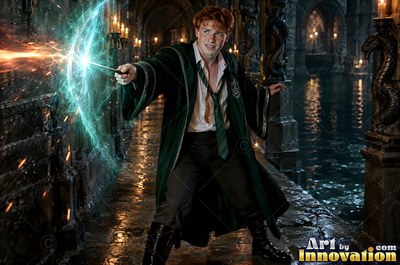 Wearing a deep green robe, a young red-haired man casts a bright shield spell in a dark stone dungeon by water
