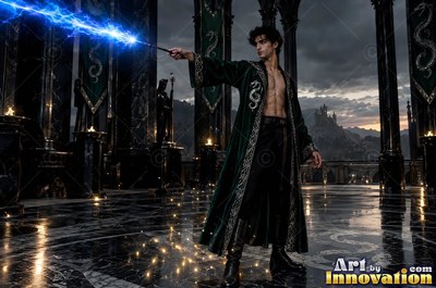 A bare-chested man casts bright blue lightning from a wand in an open hall