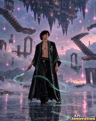 Standing in a dark robe, a young man grips a wand under floating stone ruins