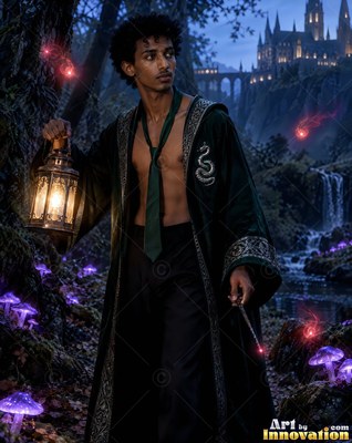 A bare-chested man with an unfastened green gown holds a lantern and wand near a castle at dusk