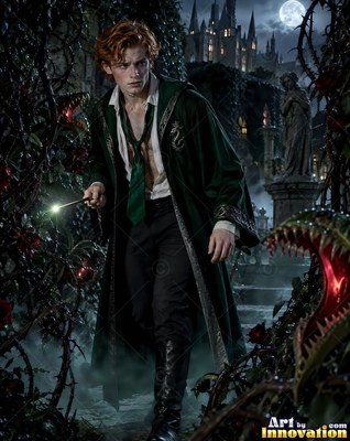 In a dark castle courtyard, a young red-haired man holds a lit wand among thorny vines