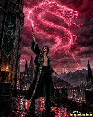 Raising his wand, a man summons a giant pink lightning snake over a dark castle