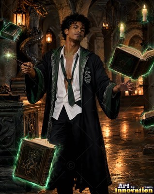 A young man in a dark deep green robe levitating open books with a wand