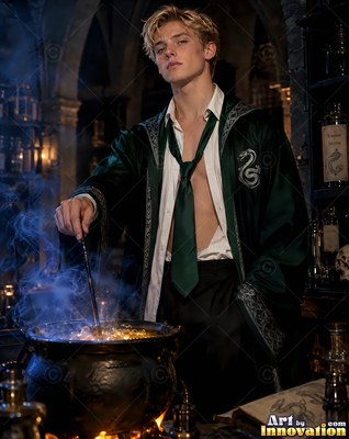 A blond young man in a dark deep green robe stirs a smoking cauldron in a dim potion room