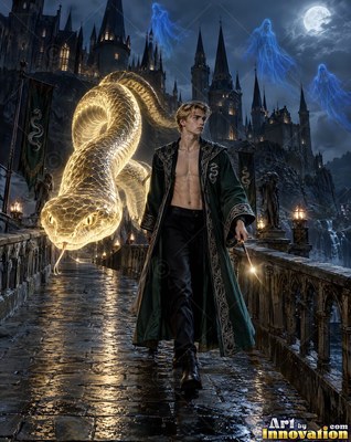 A young man walks across a stone bridge as a bright snake shines beside him