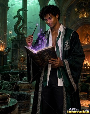 Standing in a dark castle room, a young man reads a magic spellbook with his wand raised