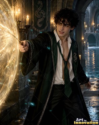 A young man in green robes casts a bright shield of golden sparks in a castle