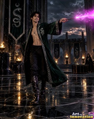 In a dark hall, a shirtless young man dressed in a long green robe aims a pink wand light