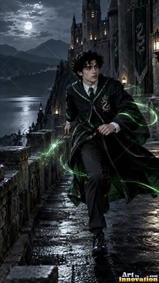 Running along a castle wall, a young man in dark green robes casts green light from a wand