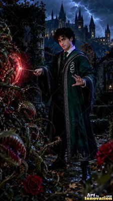 A man clothed in a green wizard robe casts a red spell by a castle