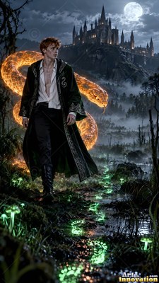 In an unbuttoned white shirt, a man walks through a dark swamp below a castle with an orange snake