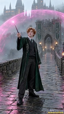A young man casts a spell with his wand on a stone bridge under a pink dome