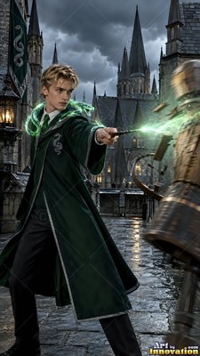 Stepping forward in a castle courtyard, a young blond man in green robes casts a spell