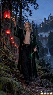 A blond man wearing an unbuttoned green robe lights red lanterns on a dark forest path