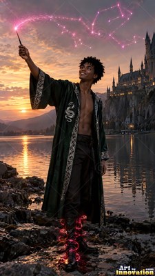 By a sunset lake, a smiling young man in a parted green robe casts pink sparks