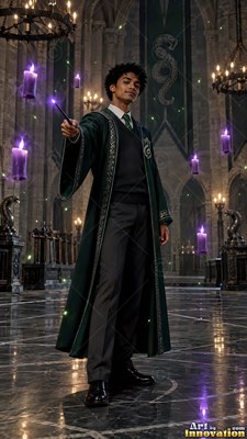 Holding out a wand, a young man stands in a dark stone hall in green robes