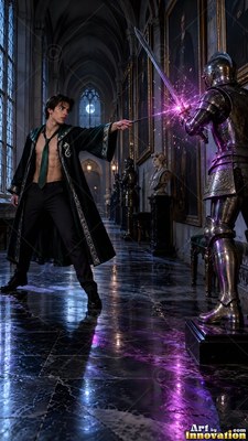 Man with a bare chest in an open black robe aiming a wand at a suit of armor