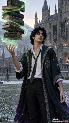 Wearing a dark green gown, a man levitates a stack of old books outside a snowy stone castle
